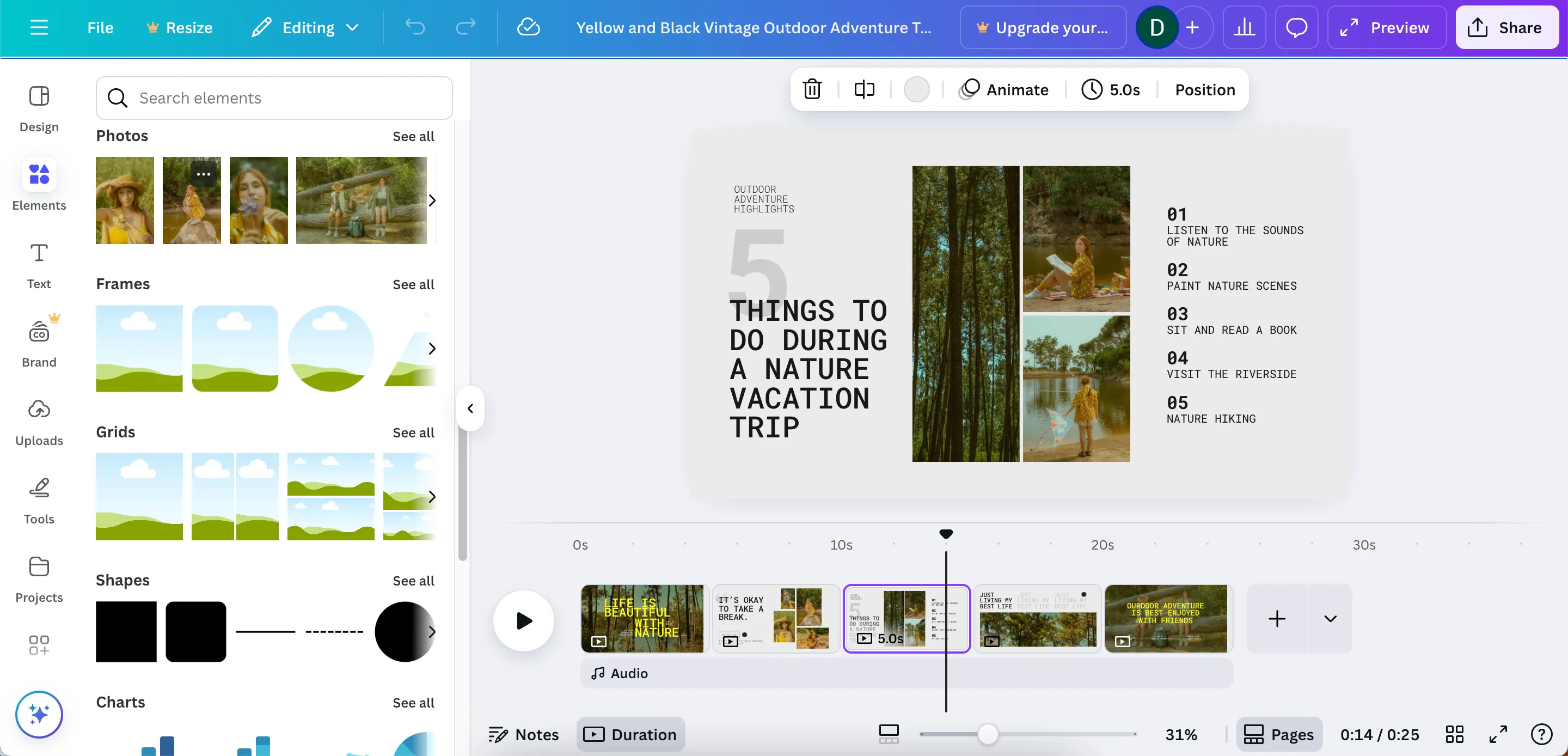 Minh họa kho yếu tố đồ họa, khung và sticker phong phú trong ứng dụng chỉnh sửa video Canva.