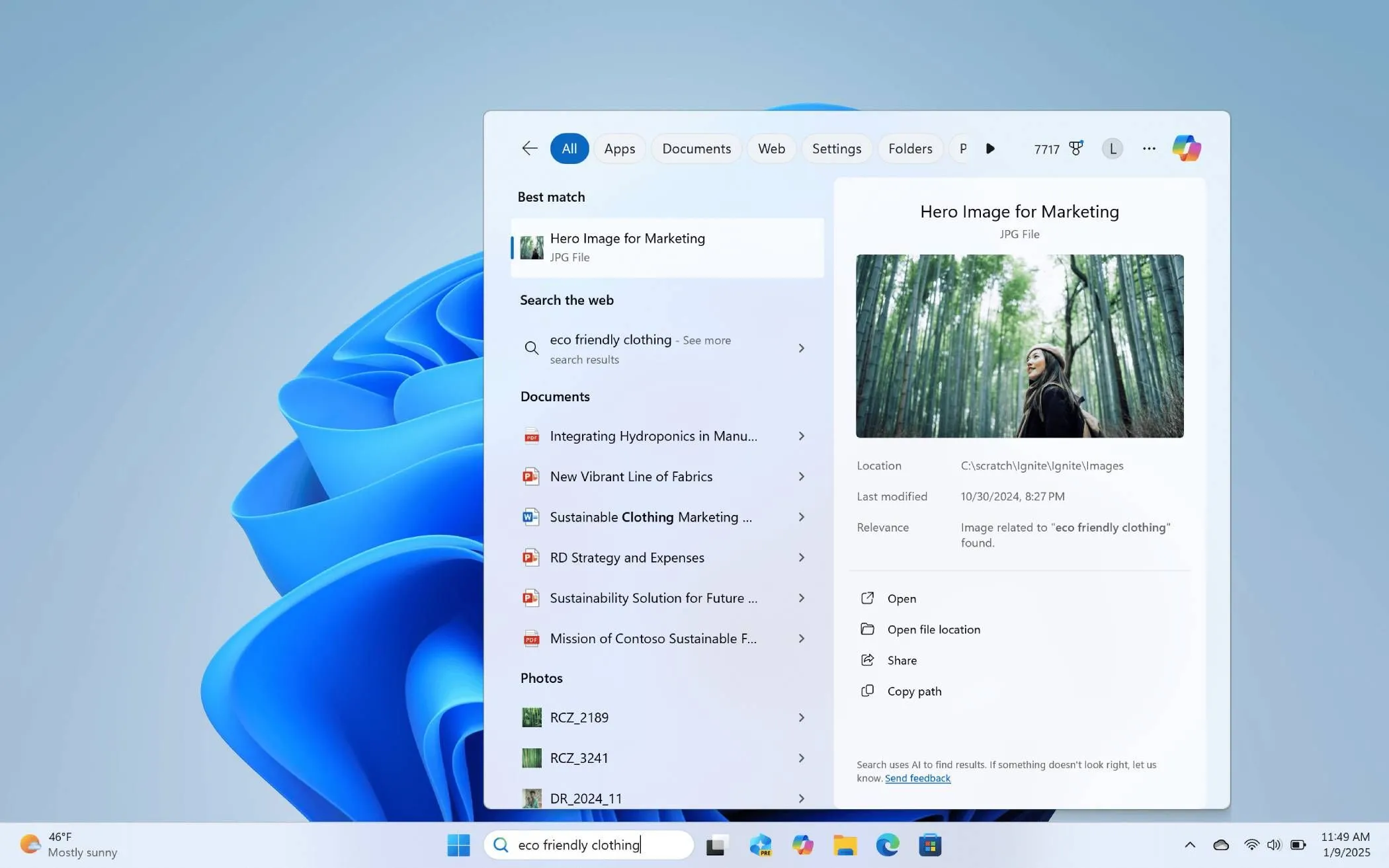 Minh họa tìm kiếm ngữ nghĩa &quot;quần áo thân thiện môi trường&quot; trên Windows 11