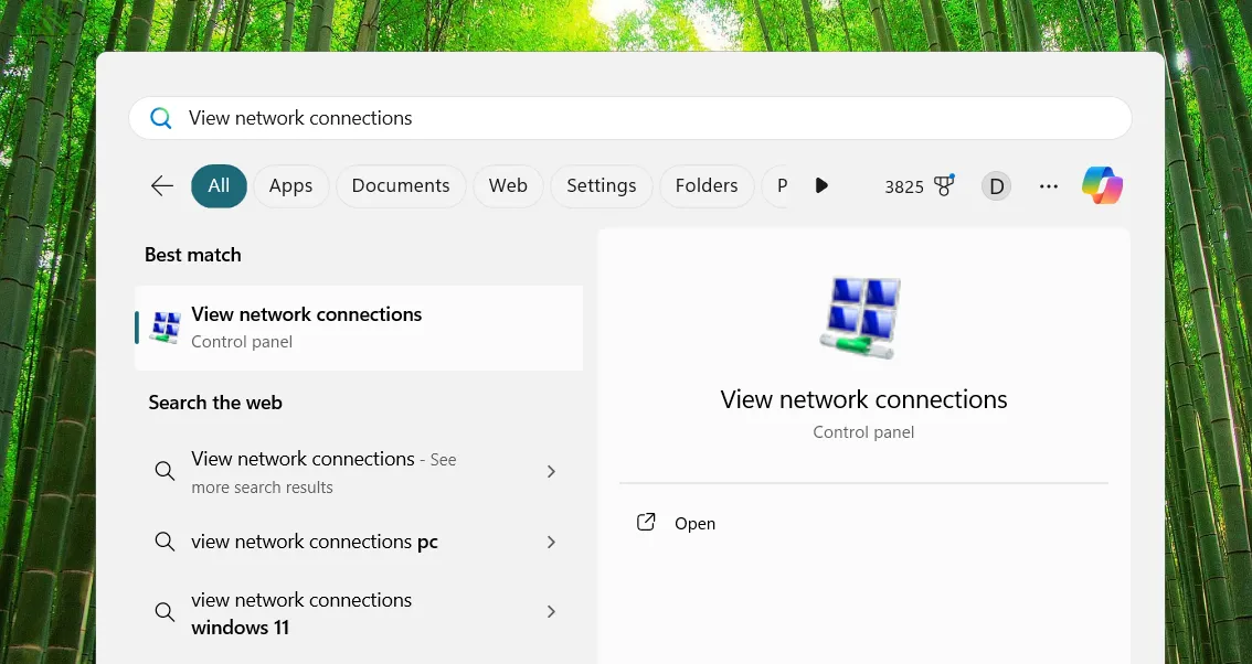 Mở cửa sổ Network Connections thông qua Menu Start trên Windows