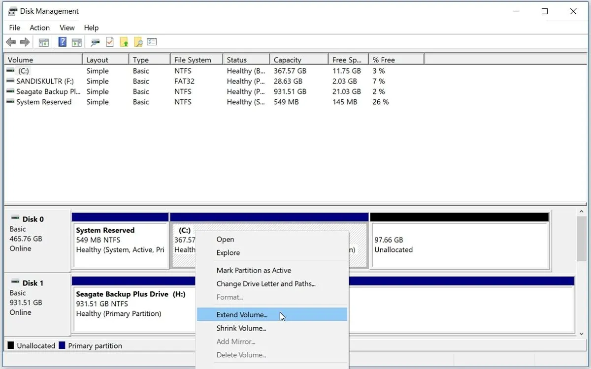 Mở rộng phân vùng ổ C bằng Disk Management trên Windows