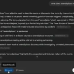 Mô tả màn hình ChatGPT với câu hỏi về định nghĩa từ 'serendipitous', minh họa chức năng tìm kiếm cơ bản.