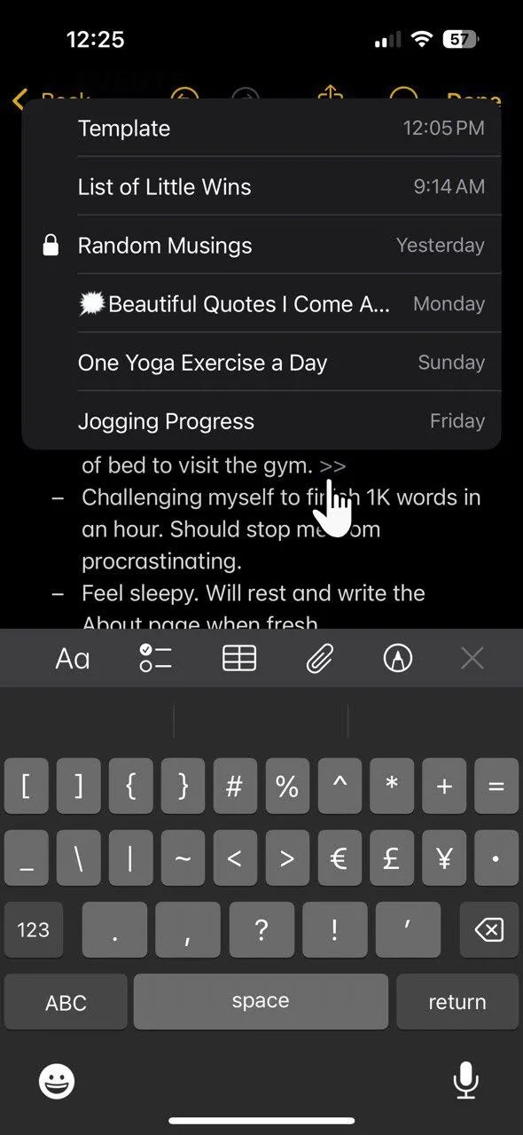 Mô tả tính năng liên kết ghi chú trong hệ thống Bullet Journal trên Apple Notes
