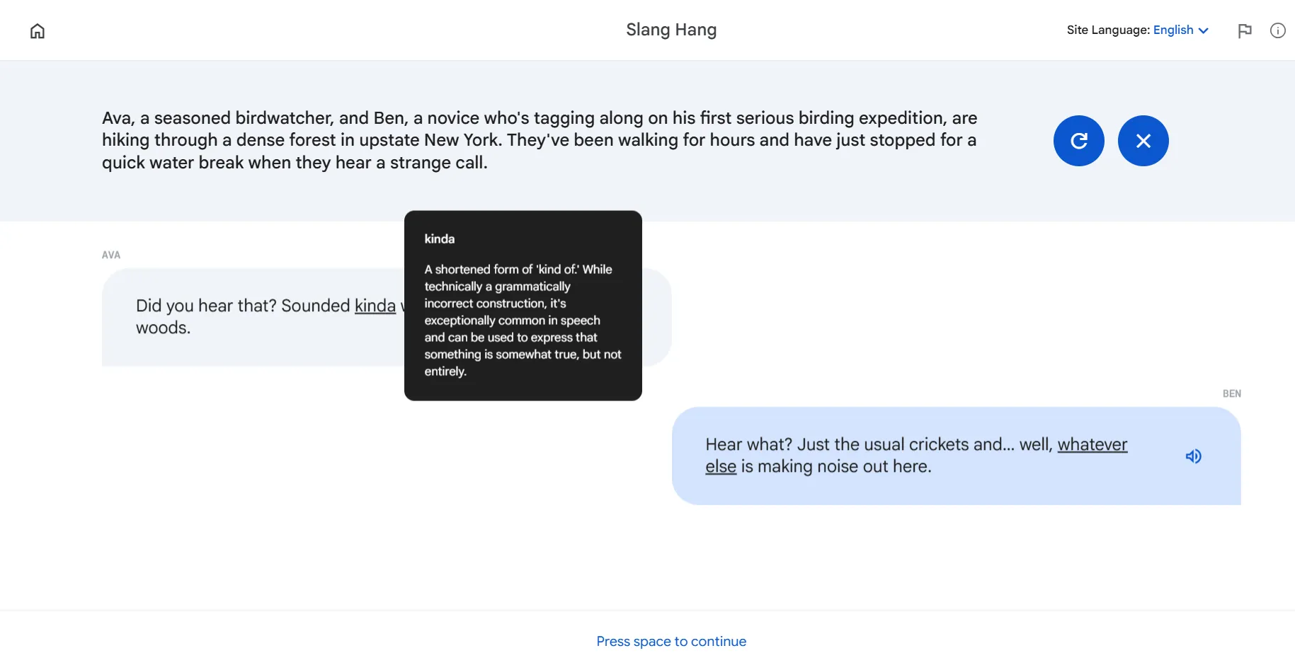 Mô tả tính năng Slang Hang của Little Language Lessons, thể hiện cuộc trò chuyện có sử dụng tiếng lóng