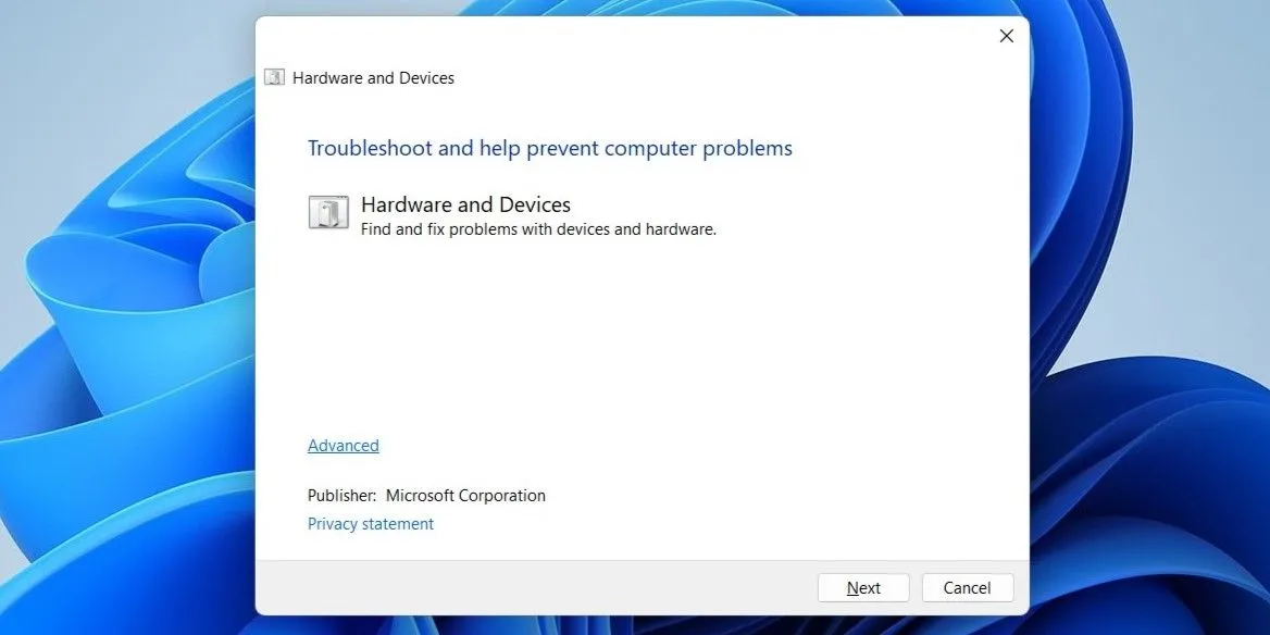 Mở trình khắc phục sự cố Phần cứng và Thiết bị trong Windows để kiểm tra lỗi