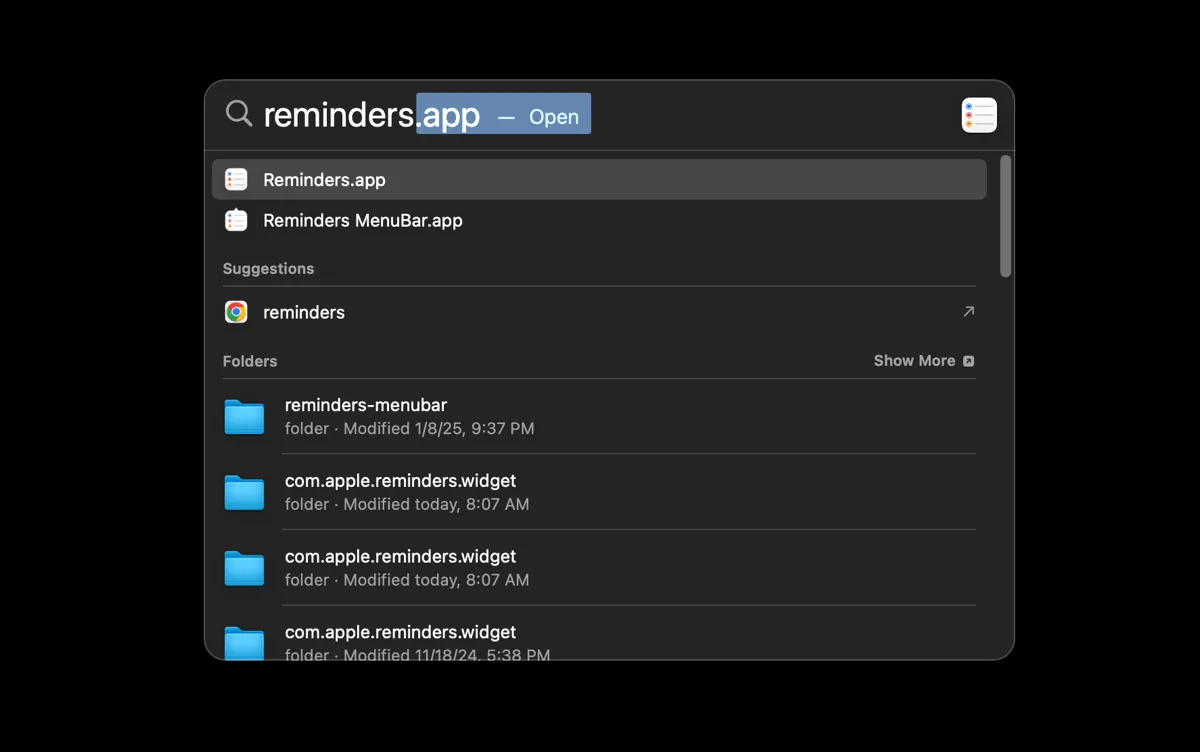 Mở ứng dụng Reminders thông qua tìm kiếm Spotlight trên macOS