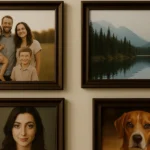 Một bức tường có bốn khung tranh gỗ thực tế hiển thị chân dung gia đình, hồ núi, chân dung phụ nữ và cận cảnh chó beagle.