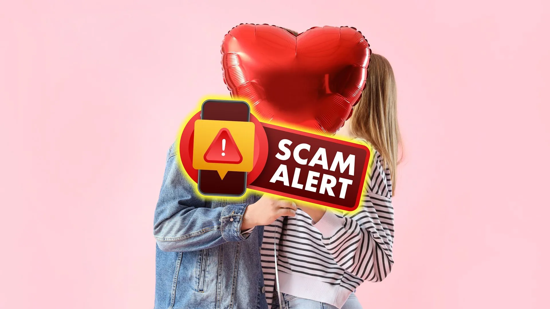 Một cặp đôi ẩn sau quả bóng bay có chữ &quot;Scam Alert&quot;, tượng trưng cho các mối nguy hiểm của lừa đảo tình cảm trực tuyến được AI tăng cường