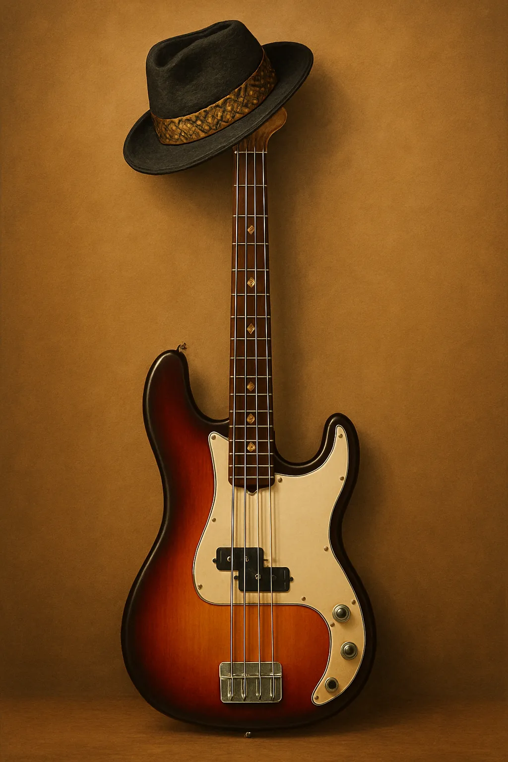 một cây đàn guitar bass được đặt một chiếc mũ phớt đen sành điệu trên cần đàn.