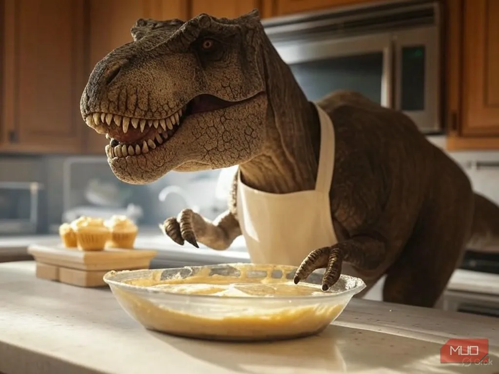 Một con T. rex đang nướng bánh cupcake, được tạo bởi AI