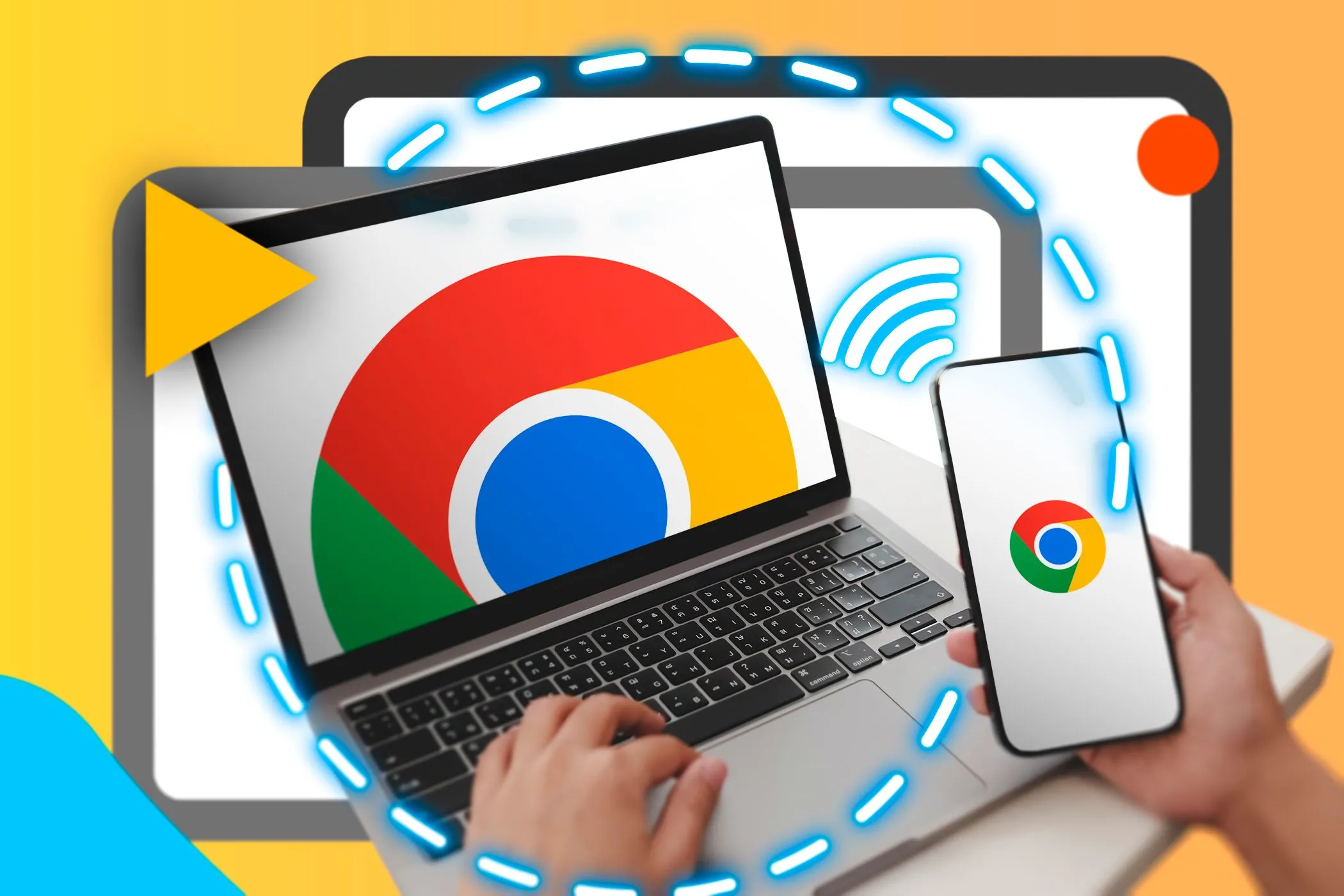 Một người đang cầm điện thoại thông minh bên cạnh laptop, cả hai thiết bị hiển thị logo Google Chrome và biểu tượng kết nối, minh họa tính năng đồng bộ.