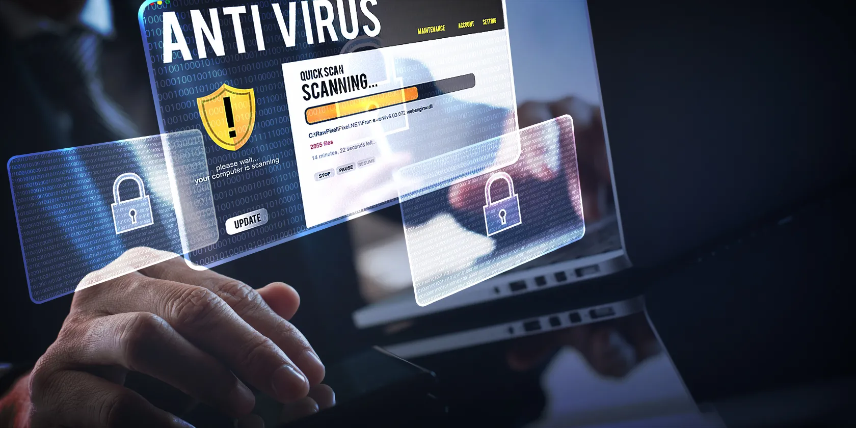Một người đang sử dụng công cụ quét diệt virus trên máy tính, minh họa cho việc bảo vệ hệ thống khỏi mã độc tống tiền.