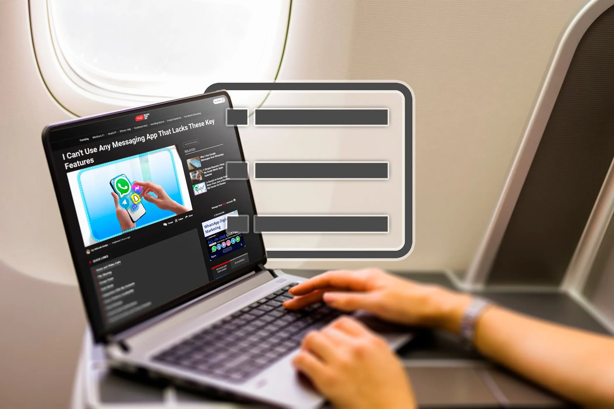 Một người đang sử dụng laptop trên máy bay, với biểu tượng Danh sách đọc (Reading List) của Chrome.