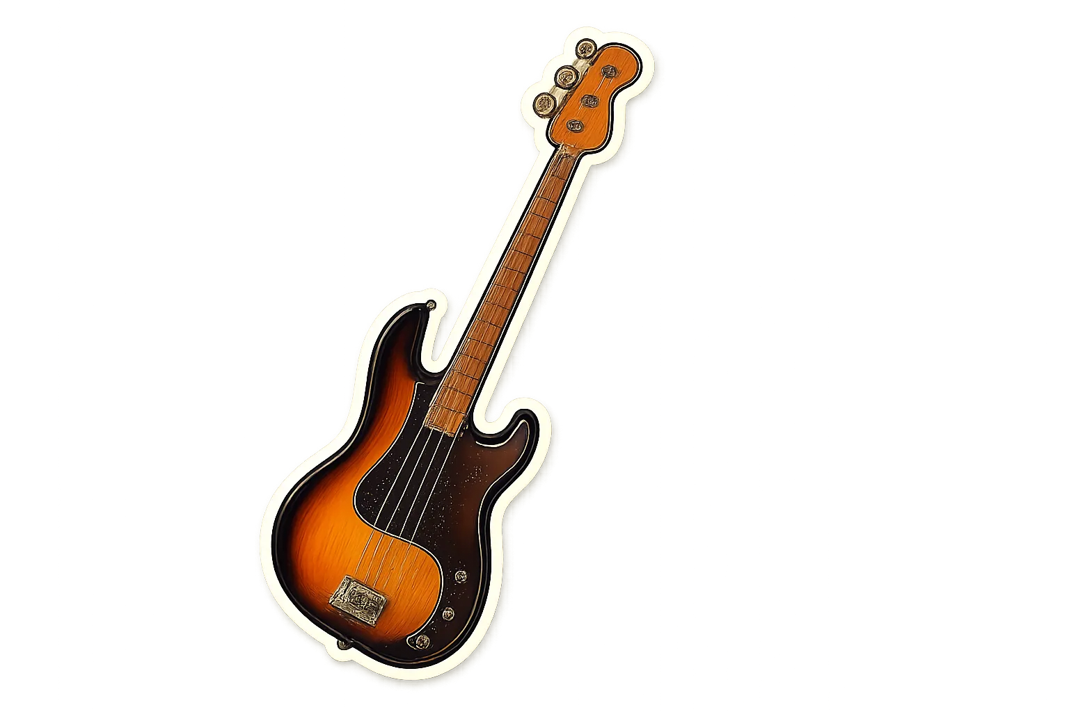 Một thiết kế sticker cắt theo hình của một cây đàn guitar bass điện màu hoàng hôn với các đường viền đậm.
