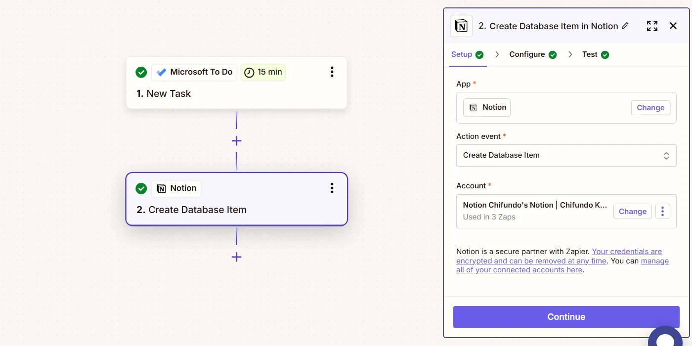Một Zap kết nối Microsoft To Do và Notion để tạo mục mới trong database.