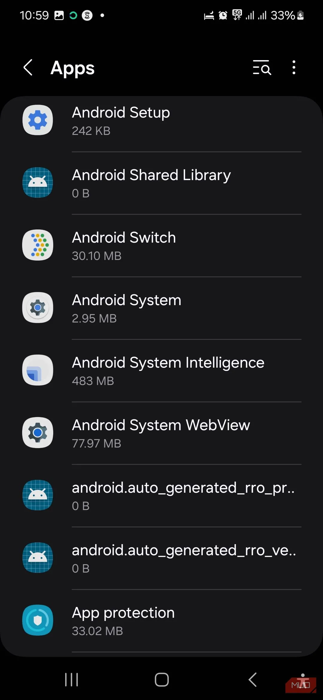 Mục Hệ thống Android trong danh sách ứng dụng trên Samsung