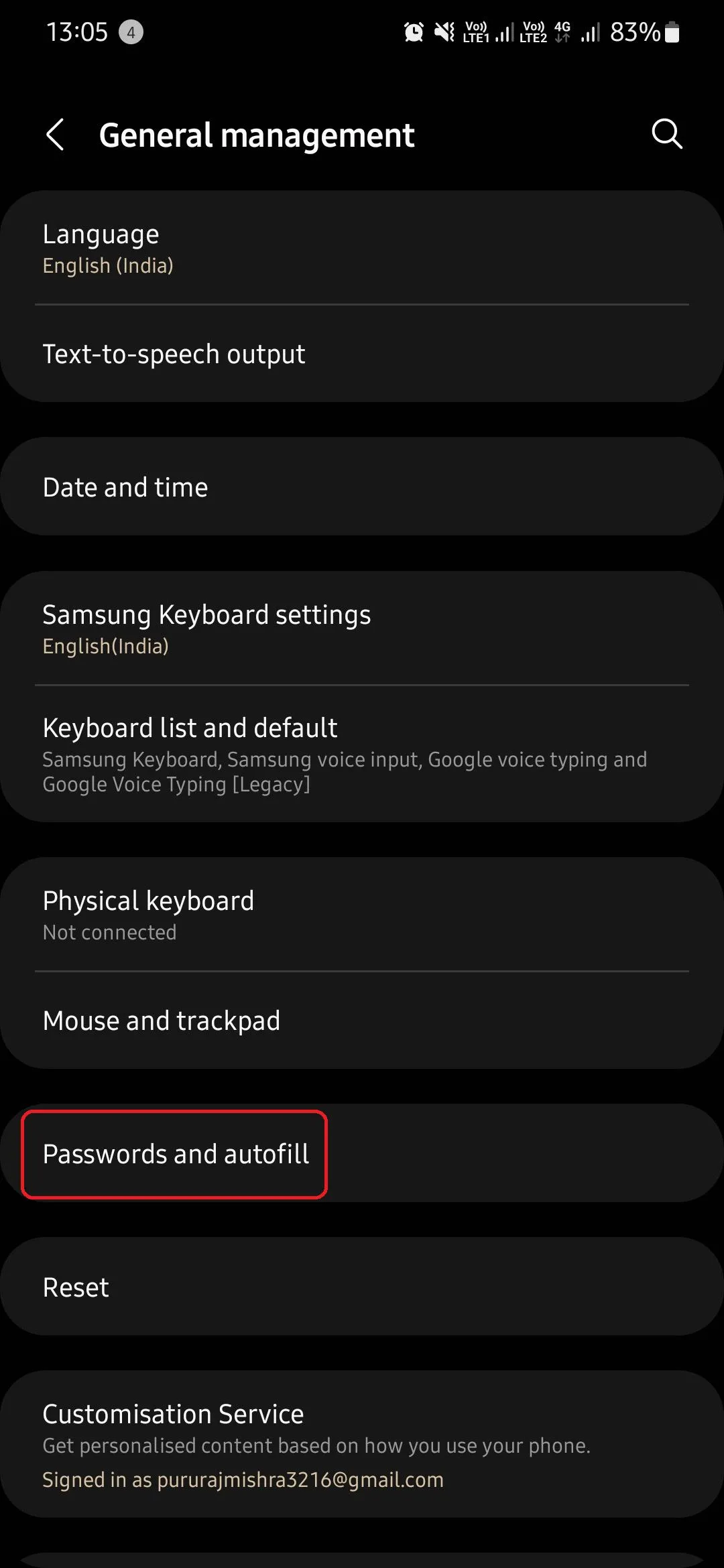 Mục Mật khẩu và tự động điền trong cài đặt Quản lý chung của Samsung