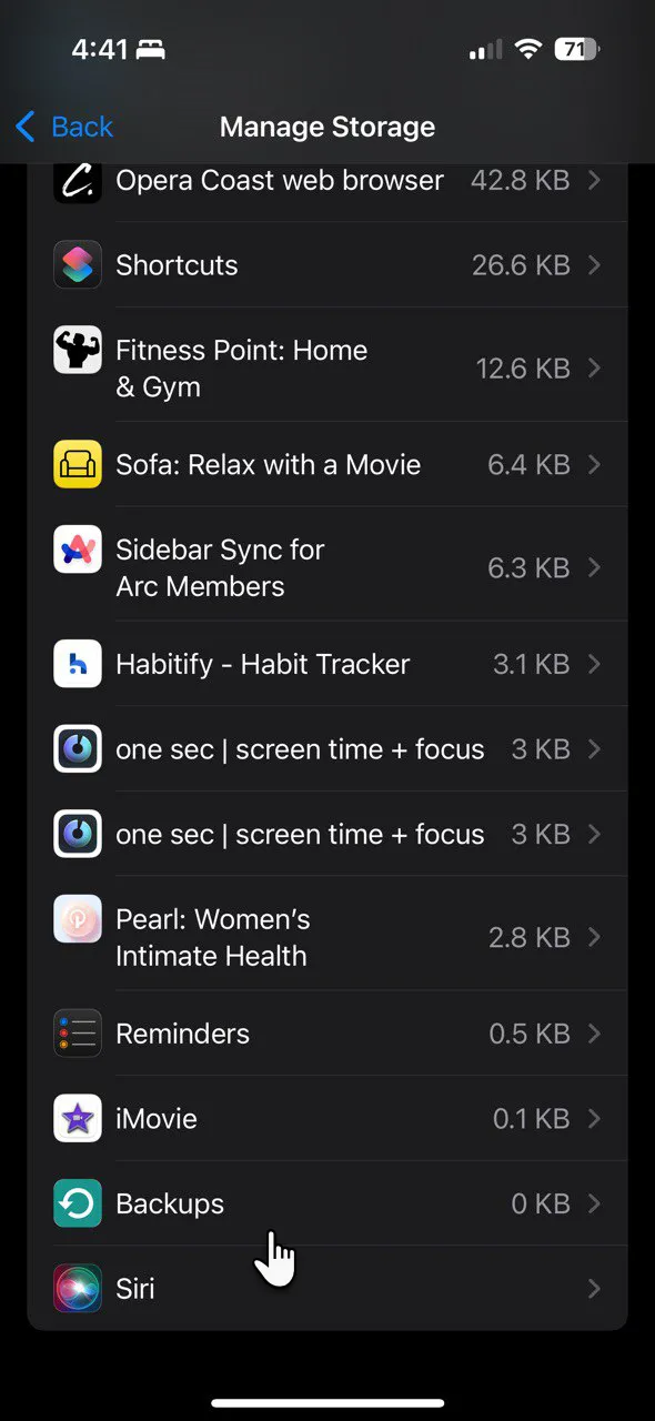 Mục &quot;Sao lưu&quot; hiển thị trong cài đặt quản lý dung lượng iCloud