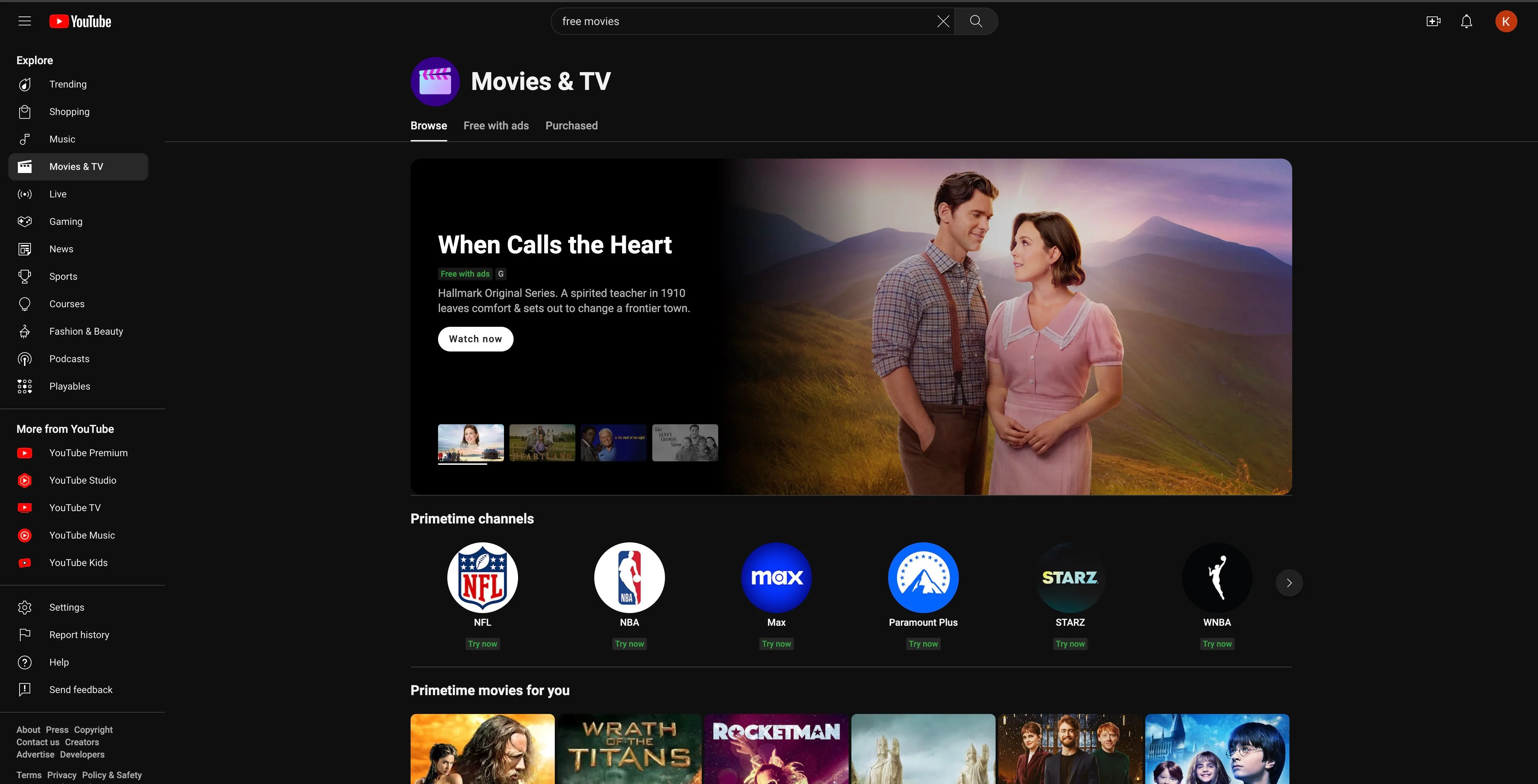 Nền tảng YouTube với phim miễn phí "When Calls the Heart" có quảng cáo