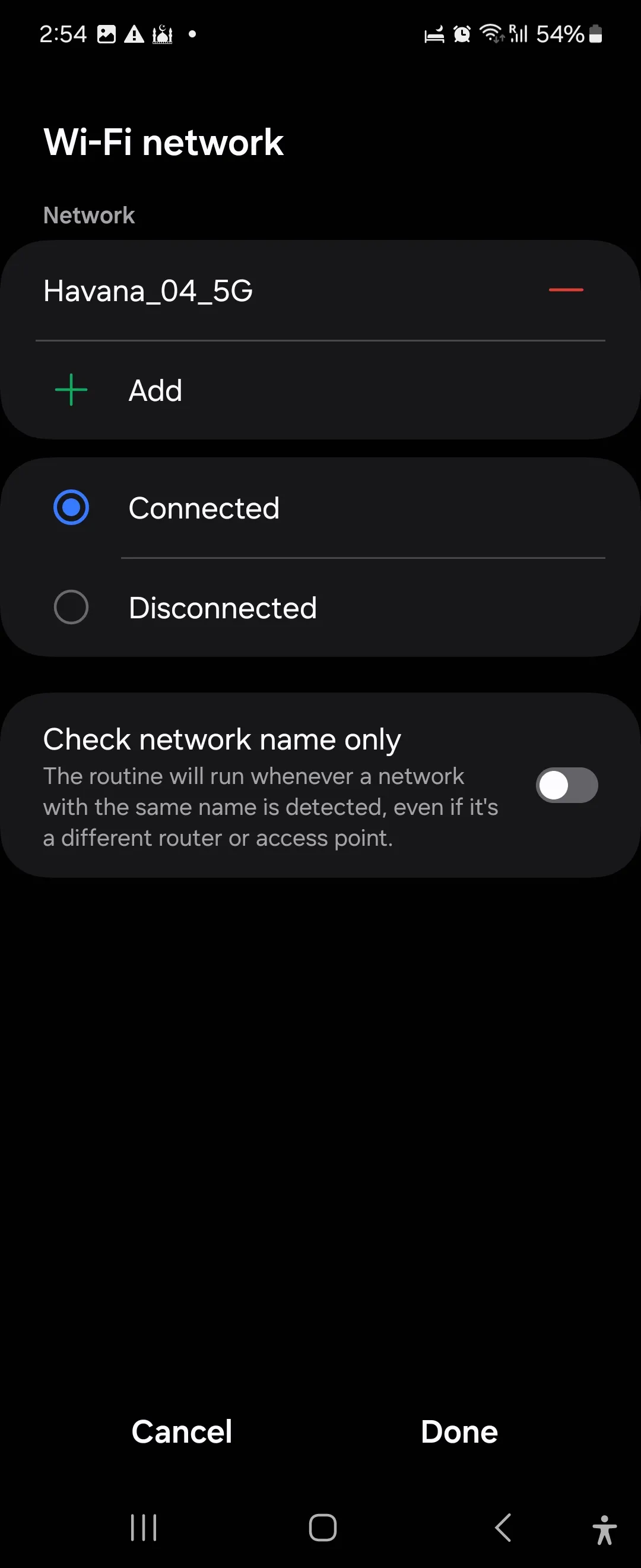 Network selection in the Samsung Modes and Routines app