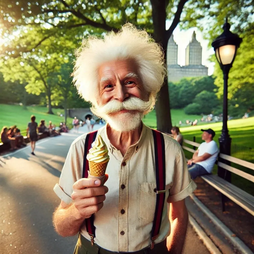 Người đàn ông giống Einstein ăn kem tại Central Park, hình ảnh được DALL-E 3 tạo ra