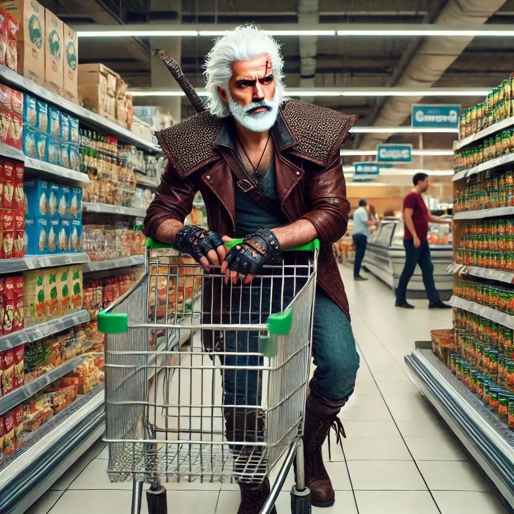 Người đàn ông giống Geralt of Rivia cau mày khi mua sắm tại siêu thị hiện đại, hình ảnh DALL-E tạo ra với lỗi chữ trên bao bì.