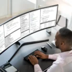 Người đàn ông làm việc với màn hình siêu rộng (ultrawide) trên bàn làm việc, thể hiện xu hướng màn hình lớn trong bối cảnh thiếu màn hình 4K nhỏ.
