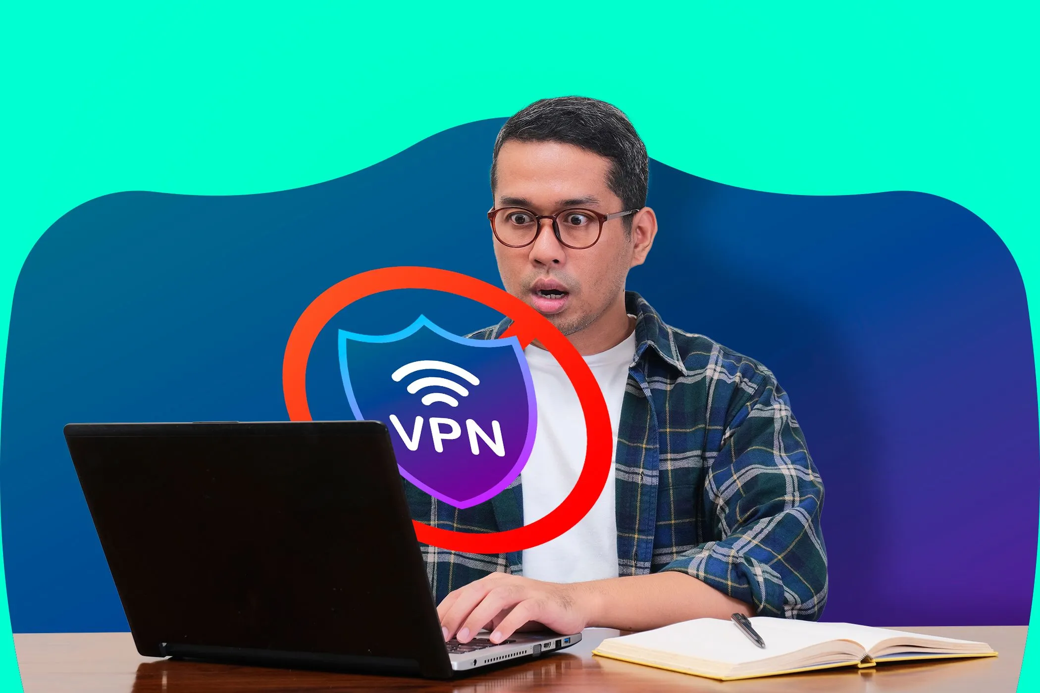 Người đàn ông ngạc nhiên nhìn vào màn hình laptop hiển thị biểu tượng VPN