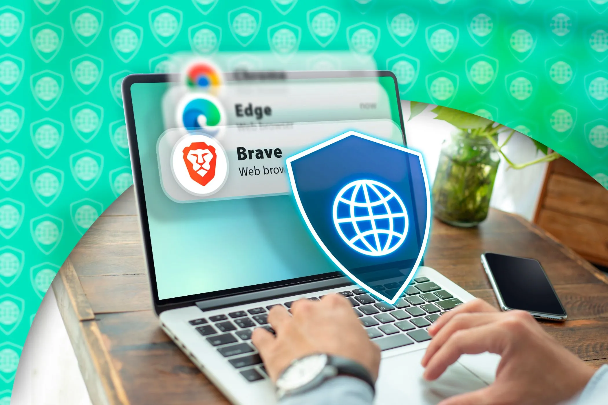 Người đang sử dụng laptop với các biểu tượng trình duyệt và icon bảo mật trên màn hình.