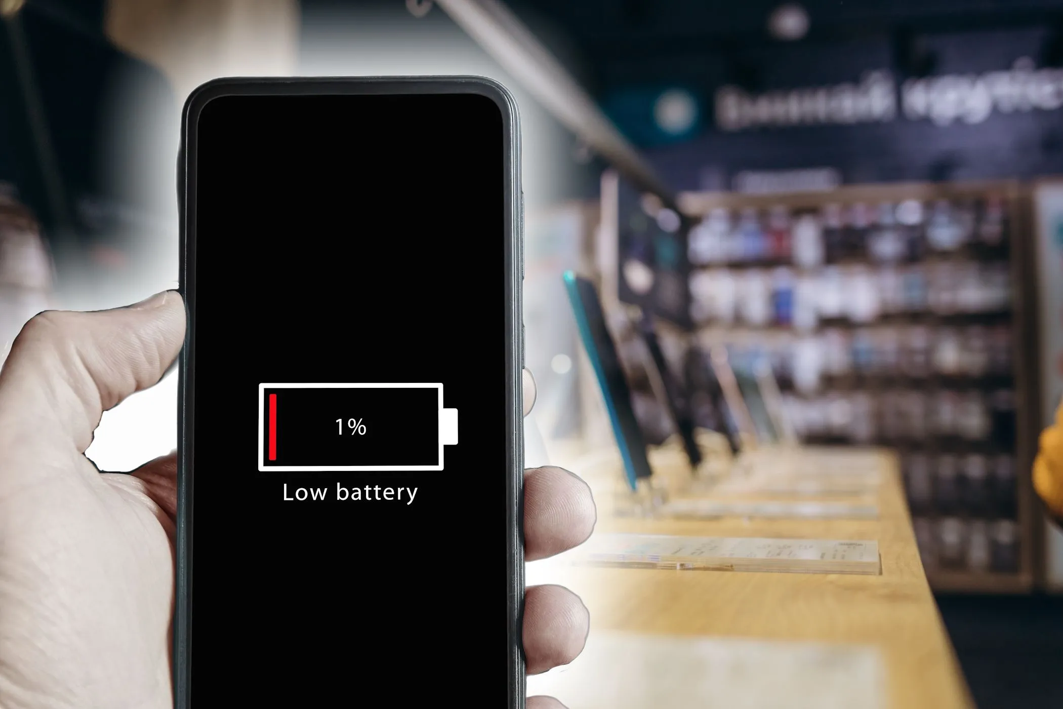 Người dùng cầm smartphone hiển thị pin yếu trong cửa hàng, hình ảnh biểu trưng cho nỗi lo hết pin và tầm quan trọng của sạc nhanh.