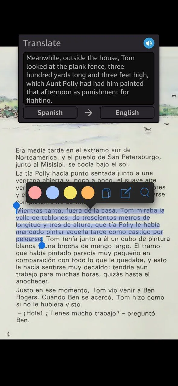 Người dùng đang highlight từ vựng tiếng Tây Ban Nha trên màn hình Kindle để học ngôn ngữ hiệu quả hơn