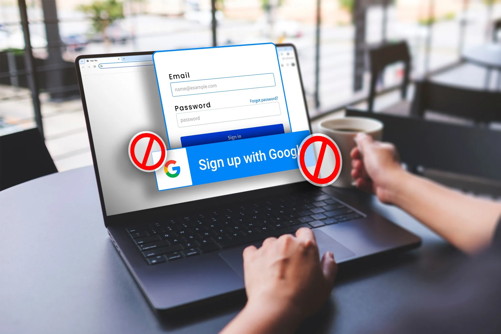 Người dùng đang thao tác trên laptop với cửa sổ đăng nhập, nút &quot;Đăng ký bằng Google&quot; bị gạch chéo, biểu thị việc tạo tài khoản ẩn danh không liên kết