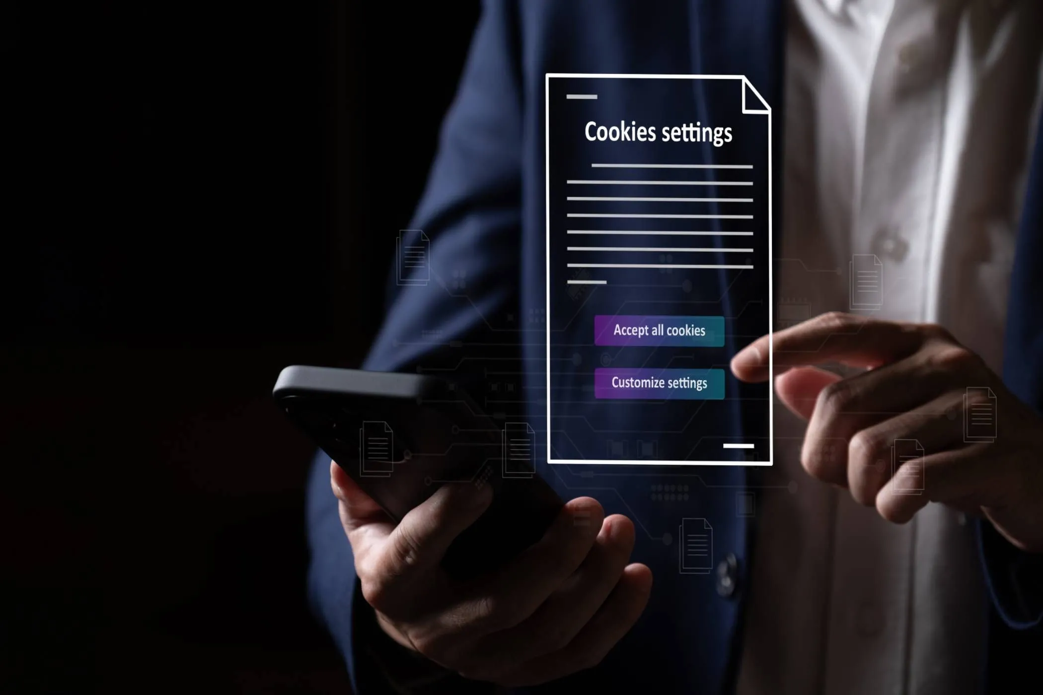 Người dùng đang xem cài đặt quyền riêng tư hoặc tùy chọn cookie trên màn hình điện thoại, minh họa việc quản lý dữ liệu cá nhân