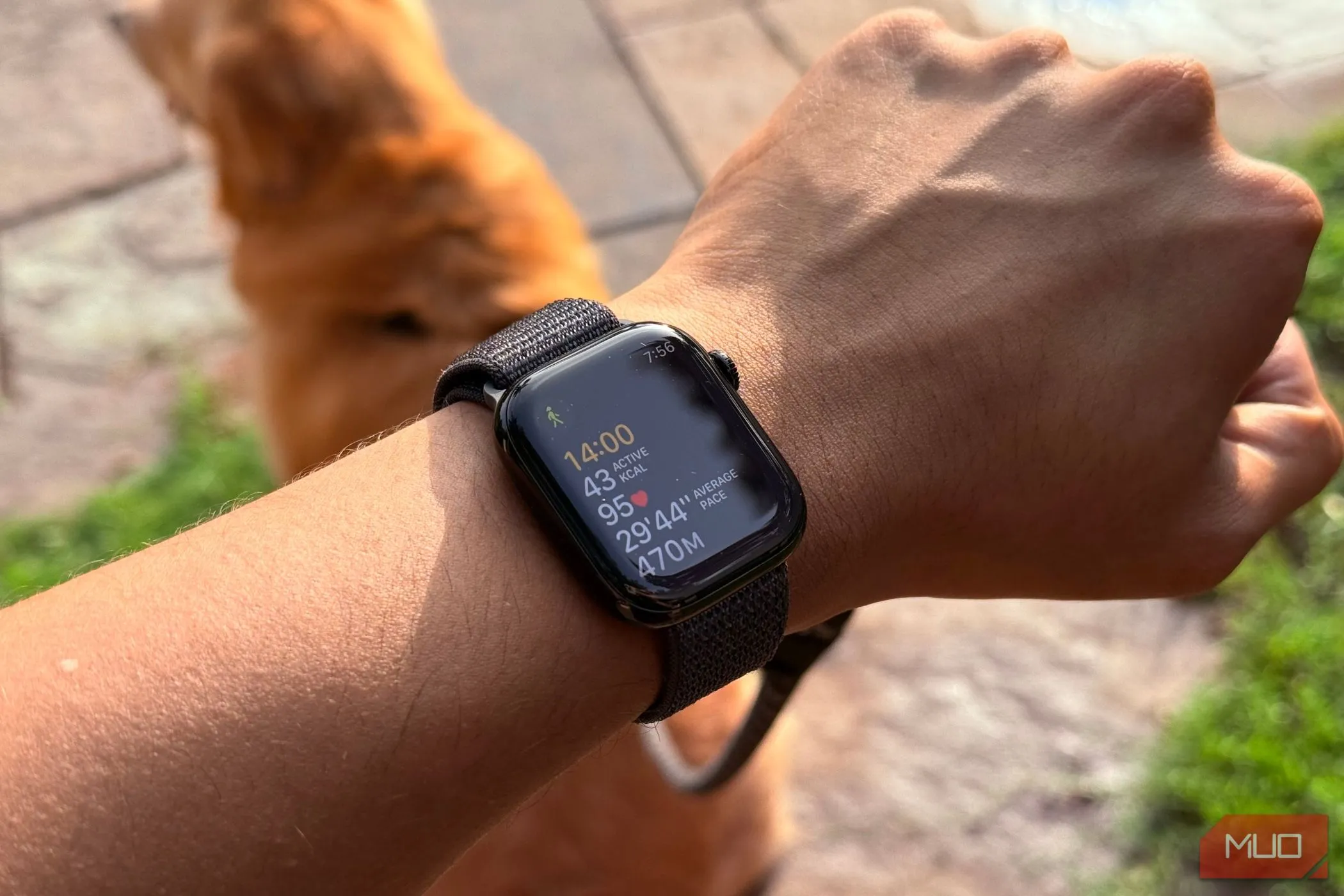Người dùng đeo Apple Watch hiển thị ứng dụng tập luyện với các chỉ số hoạt động