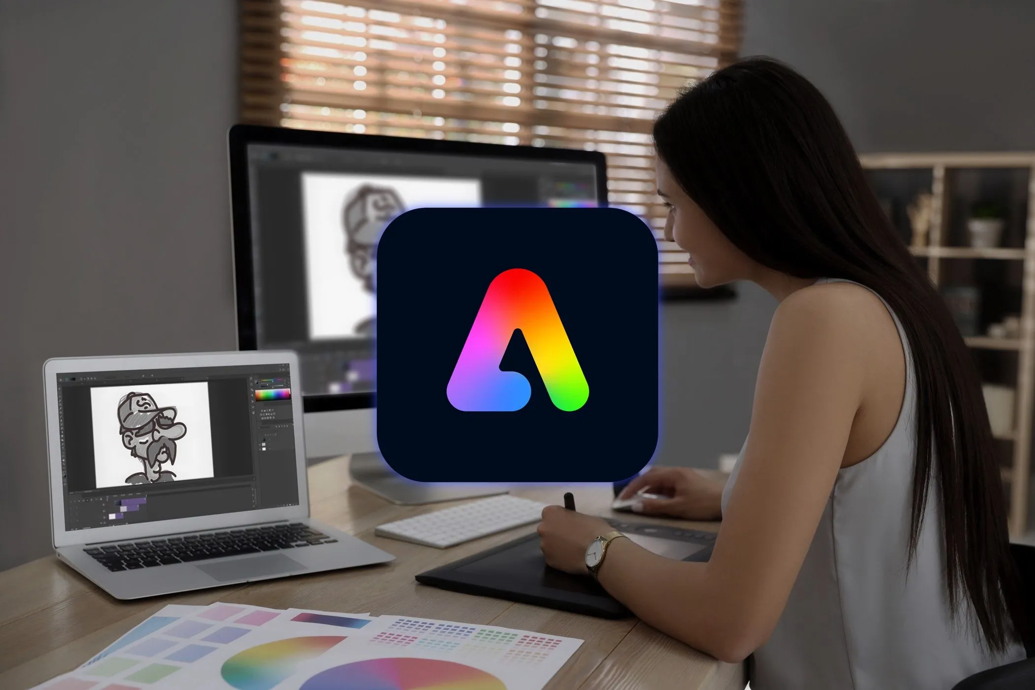 Người phụ nữ đang sử dụng laptop để thiết kế đồ họa, hiển thị logo Adobe Express trên màn hình, minh họa khả năng chỉnh sửa ảnh bằng AI của Adobe Firefly.