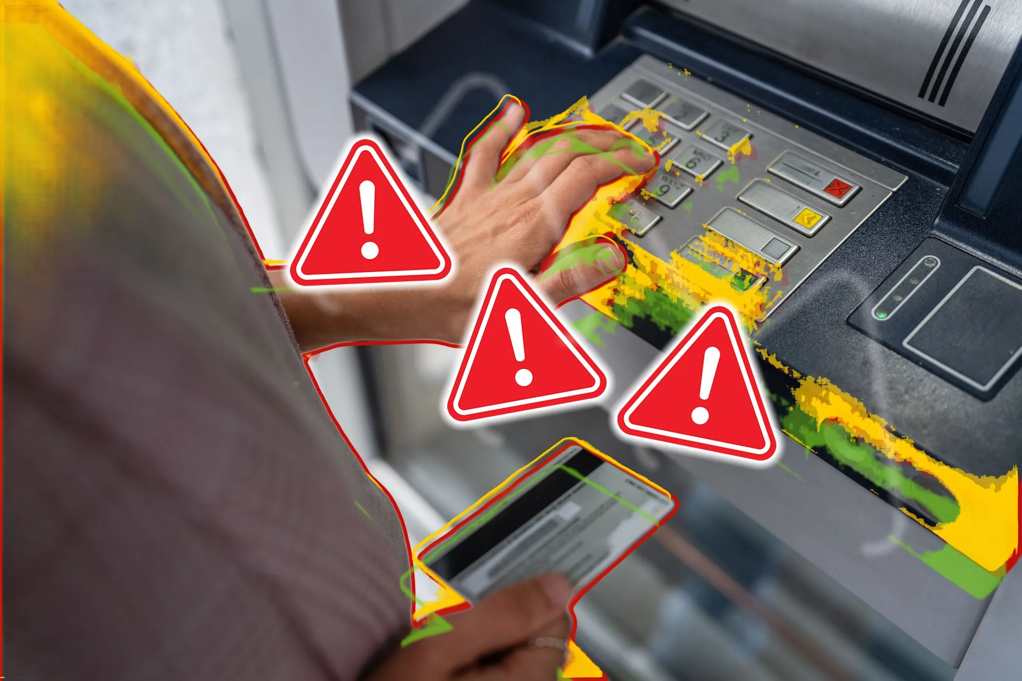 Người phụ nữ đưa thẻ ngân hàng vào máy ATM có biển cảnh báo lừa đảo