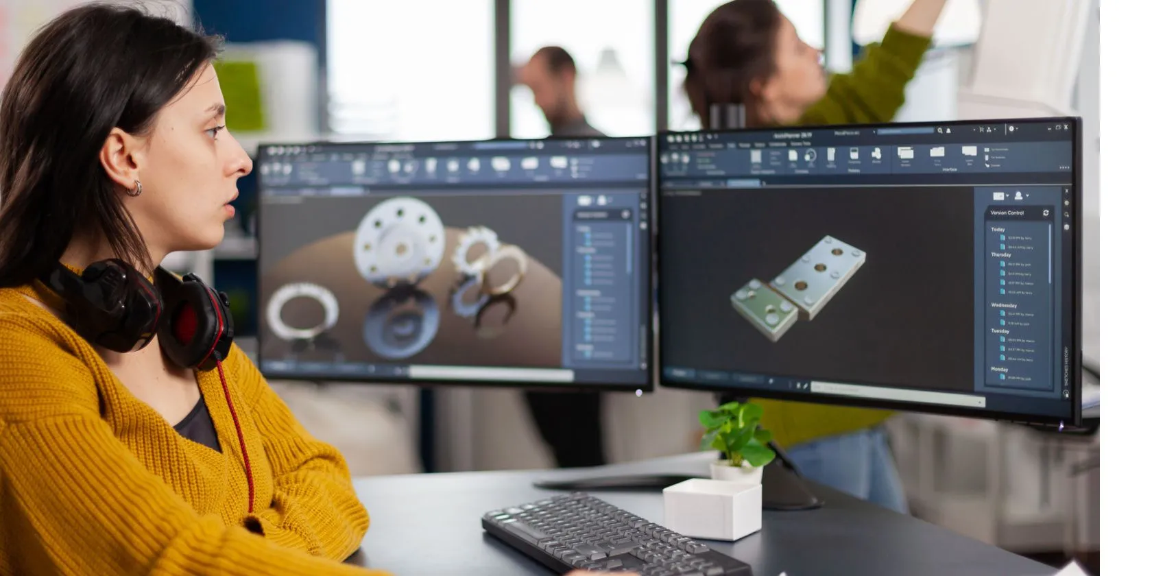 Người phụ nữ làm việc trên máy tính có hai màn hình