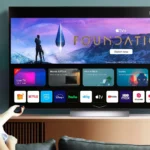 Người phụ nữ xem chương trình Foundation trên TV LG OLED Evo, minh họa độ tương phản sâu và màu sắc sống động của công nghệ OLED trong môi trường gia đình.
