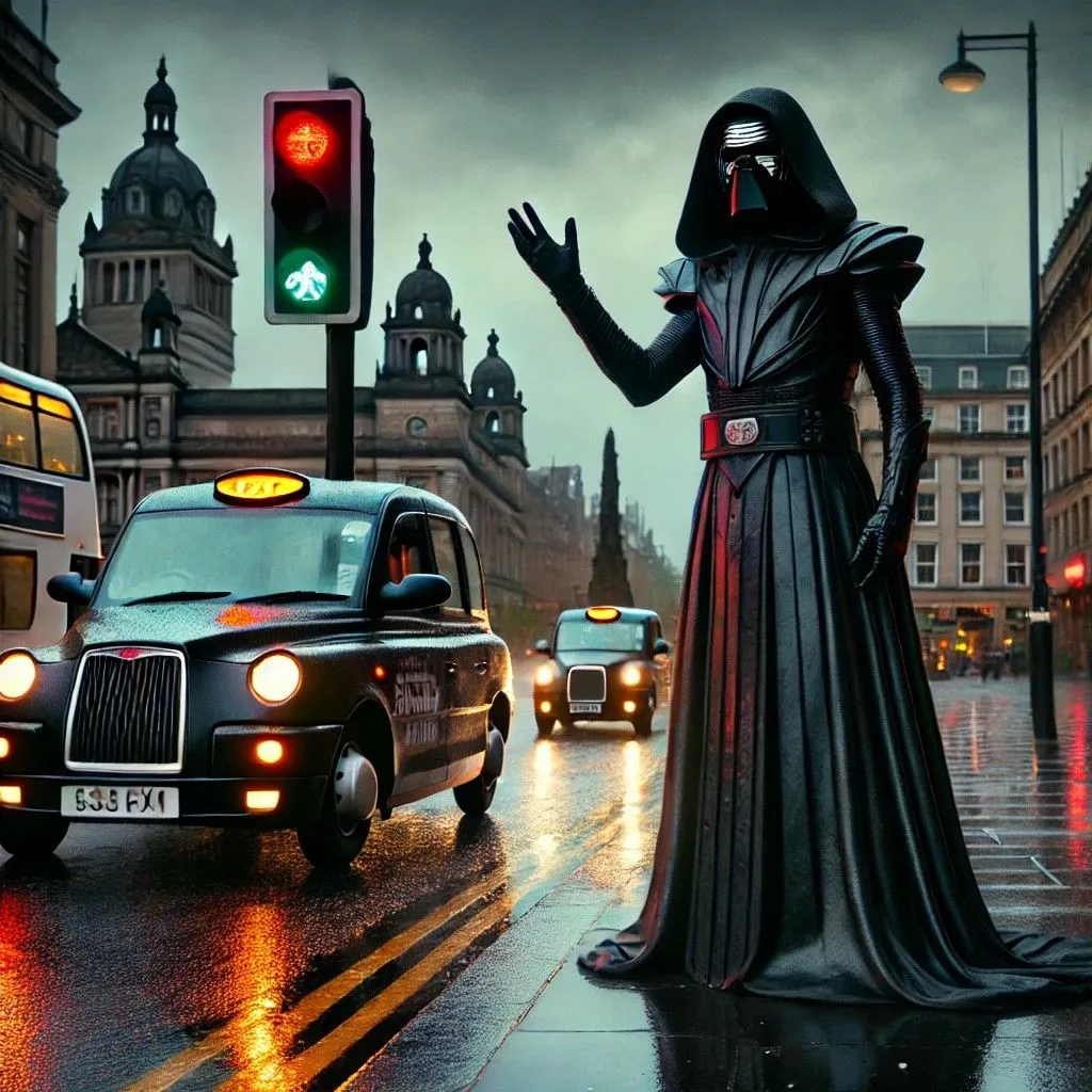 Nhân vật giống Chúa tể Sith gọi taxi tại Quảng trường George, Glasgow, hình ảnh của DALL-E còn thiếu độ chân thực.
