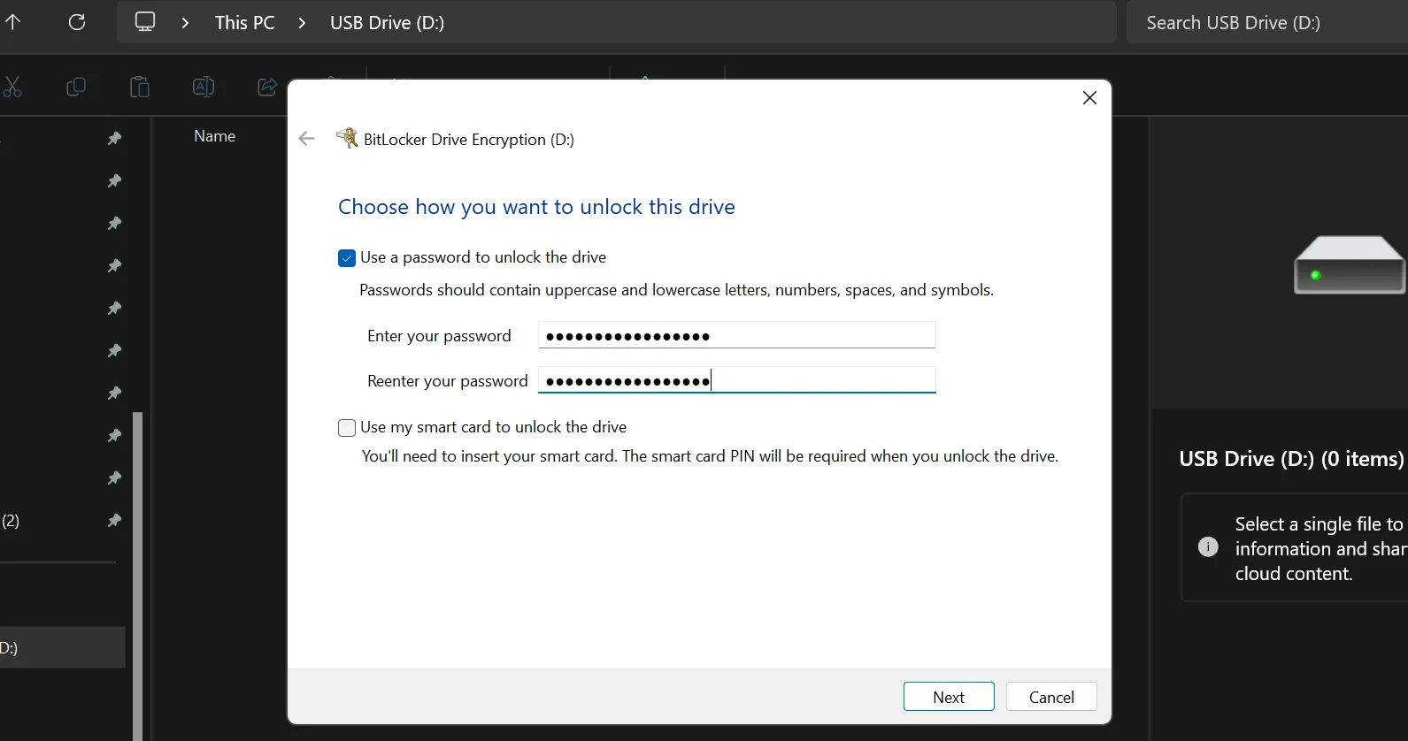 Nhập mật khẩu để mã hóa ổ USB bằng BitLocker trên Windows
