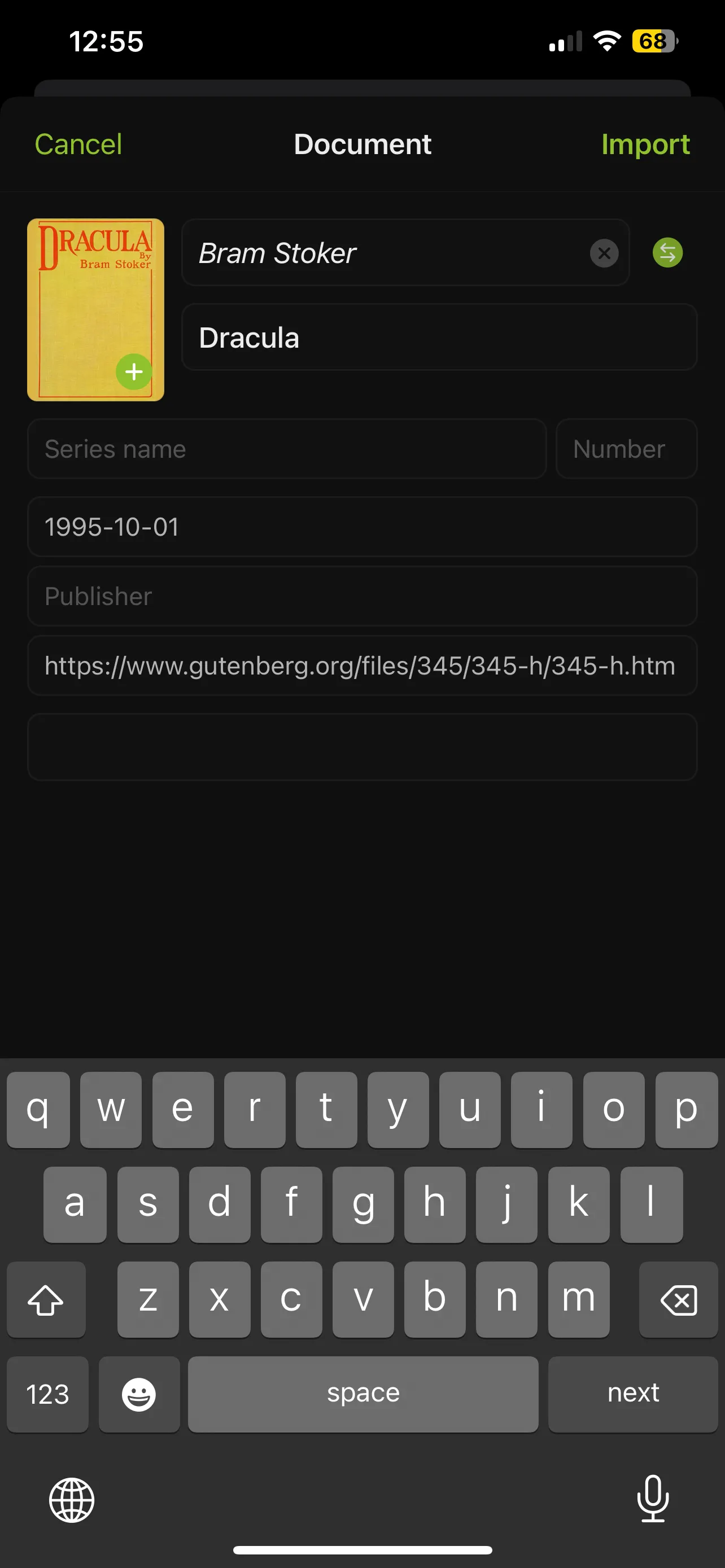 Nhập sách Dracula từ Project Gutenberg trên Yomu Ebook Reader