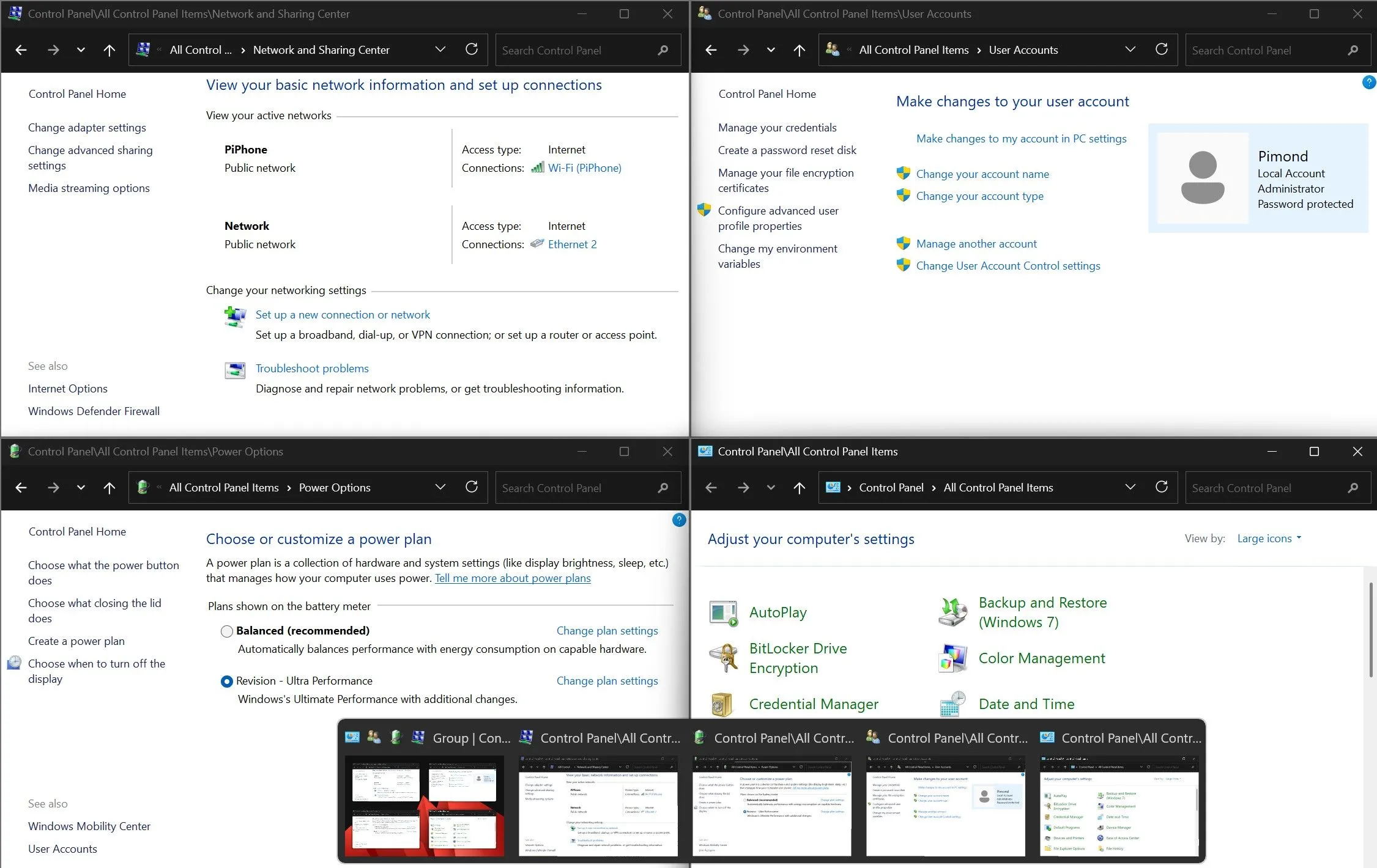 Nhiều cửa sổ Control Panel được mở đồng thời trên Windows 11, cho thấy khả năng đa nhiệm