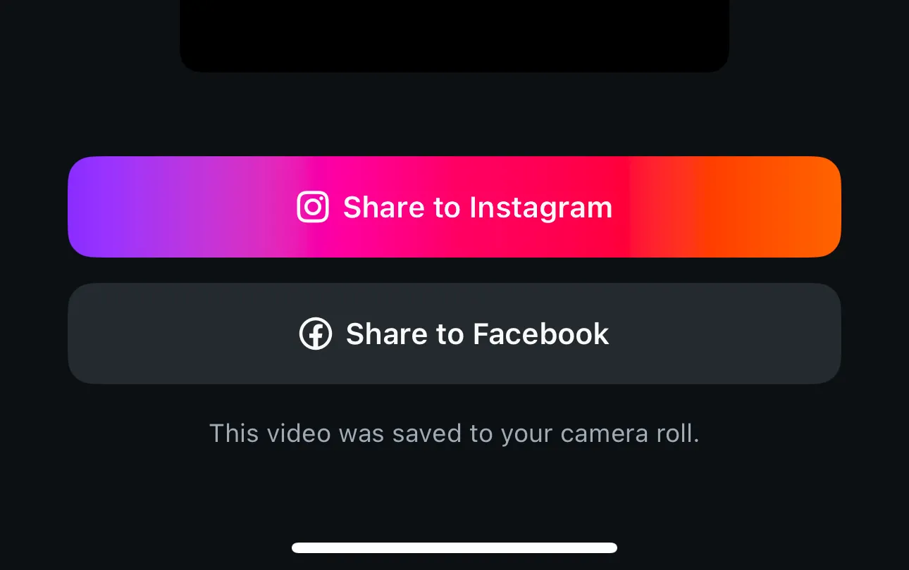 Nút Chia sẻ lên Instagram (Share to Instagram) và Chia sẻ lên Facebook (Share to Facebook) hiển thị sau khi video được xuất từ ứng dụng Edits.