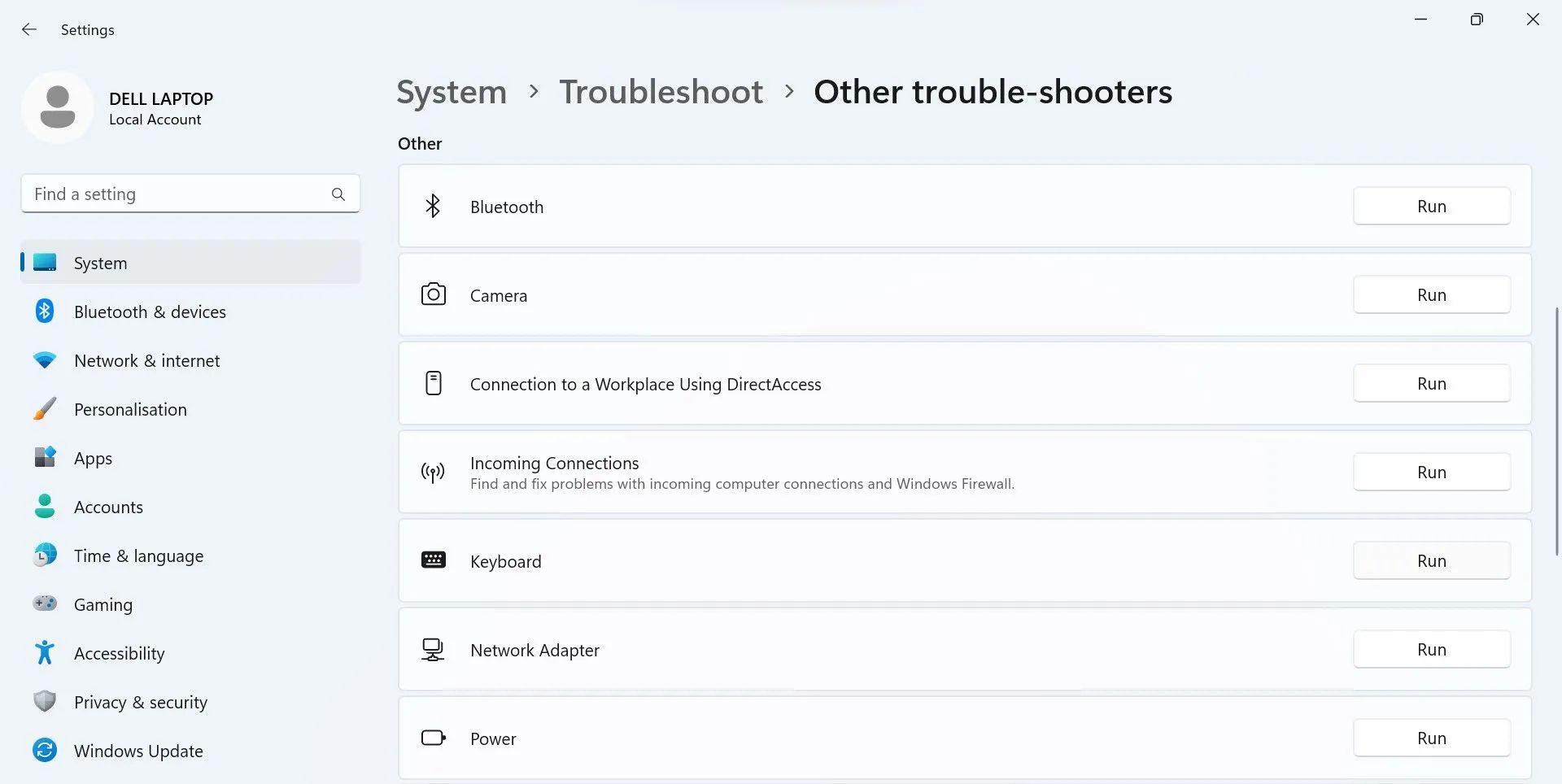 Nút Run bên cạnh trình khắc phục sự cố bàn phím trong ứng dụng Cài đặt Windows