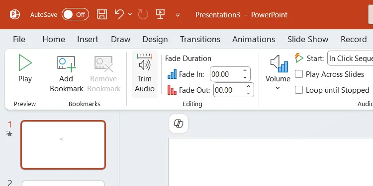 Nút &quot;Trim Audio&quot; (Cắt Âm thanh) trong tab &quot;Playback&quot; của PowerPoint, cho phép điều chỉnh độ dài của tệp âm thanh.