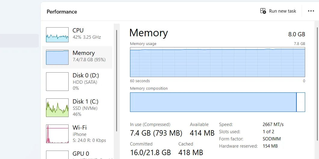 Phần Bộ nhớ (Memory) trong Task Manager hiển thị tổng RAM, lượng sử dụng và các chi tiết bộ nhớ khác.