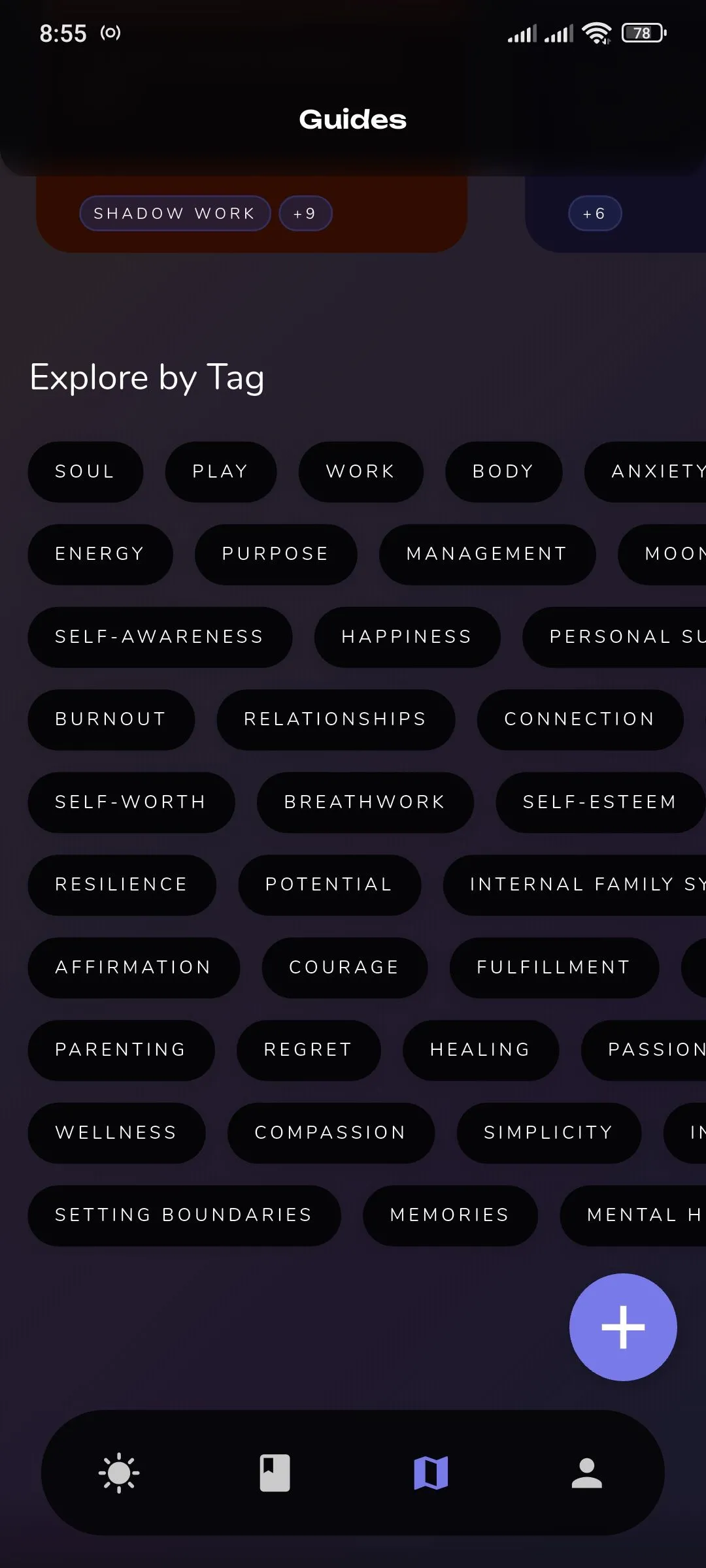 Phần hướng dẫn của Reflection.app với các thẻ phân loại như Sức khỏe Tinh thần, Công việc và Tài chính.