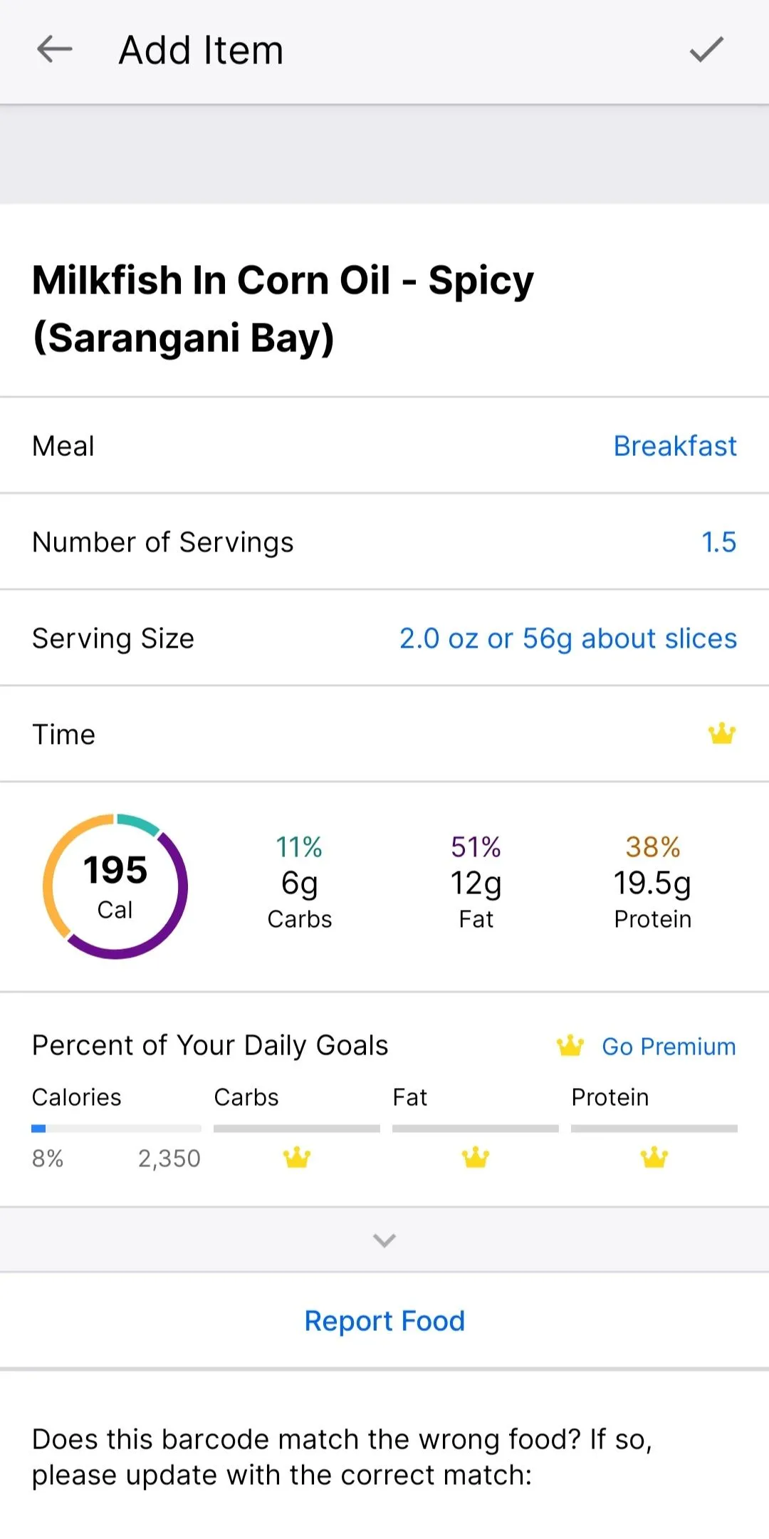 Phân tích dinh dưỡng (macros) và khẩu phần cá đối trong MyFitnessPal