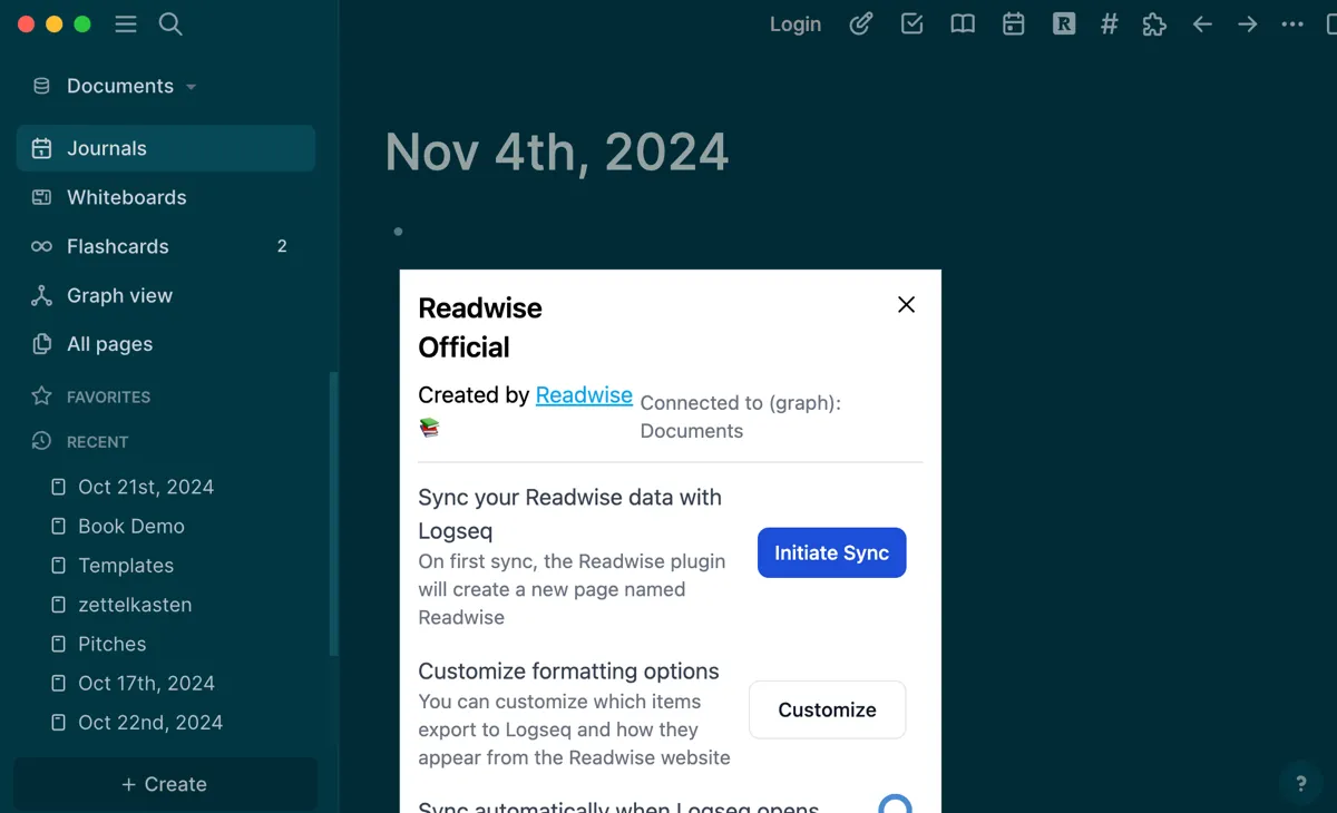 Plugin Readwise tích hợp trong Logseq, giúp đồng bộ hóa các đoạn highlight từ nhiều nguồn, hỗ trợ quá trình xem lại và hợp nhất kiến thức.