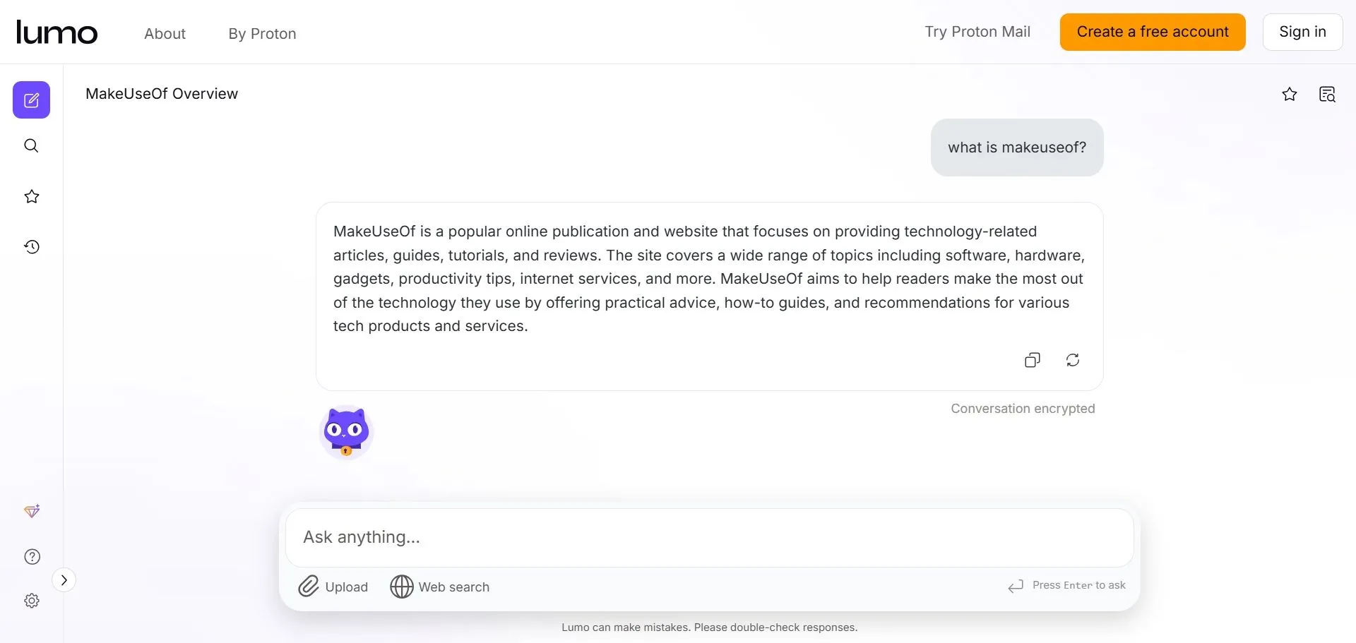 Proton Lumo AI chatbot hiển thị trên màn hình máy tính, nhấn mạnh khả năng bảo mật quyền riêng tư.