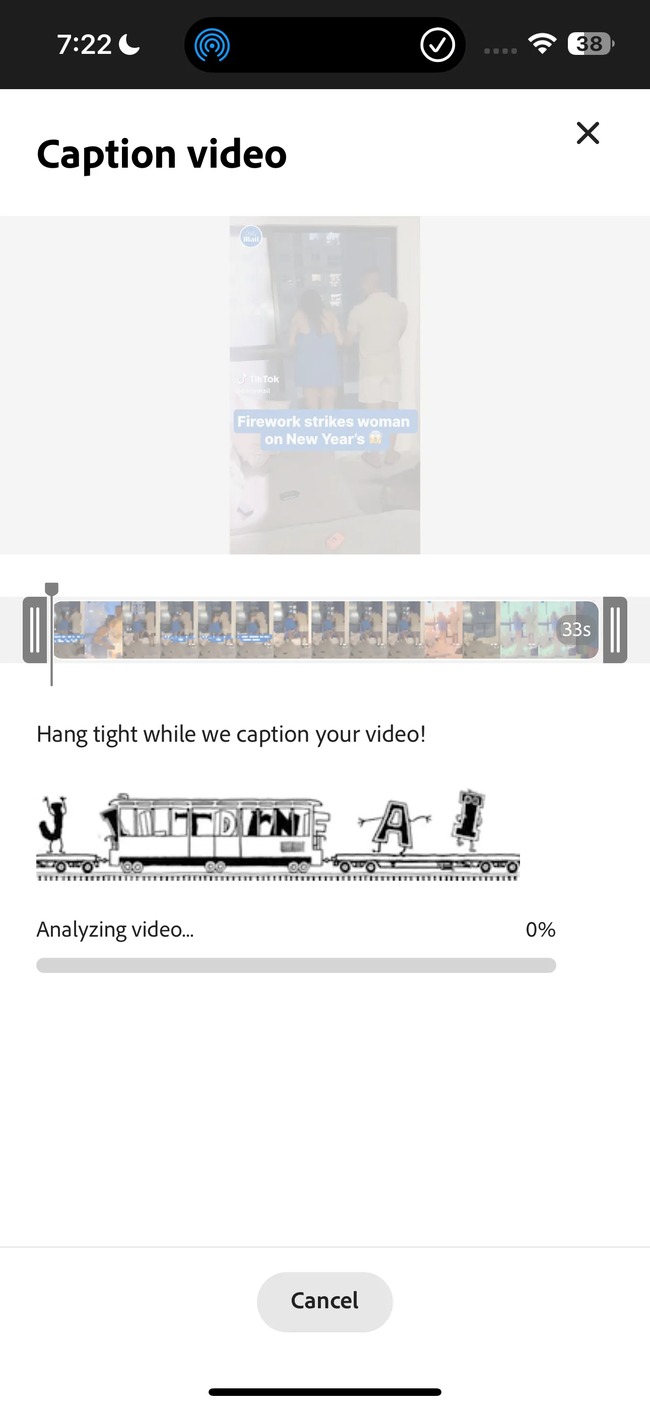 Quá trình Adobe Express tự động tạo phụ đề cho video, hiển thị thanh tiến trình xử lý